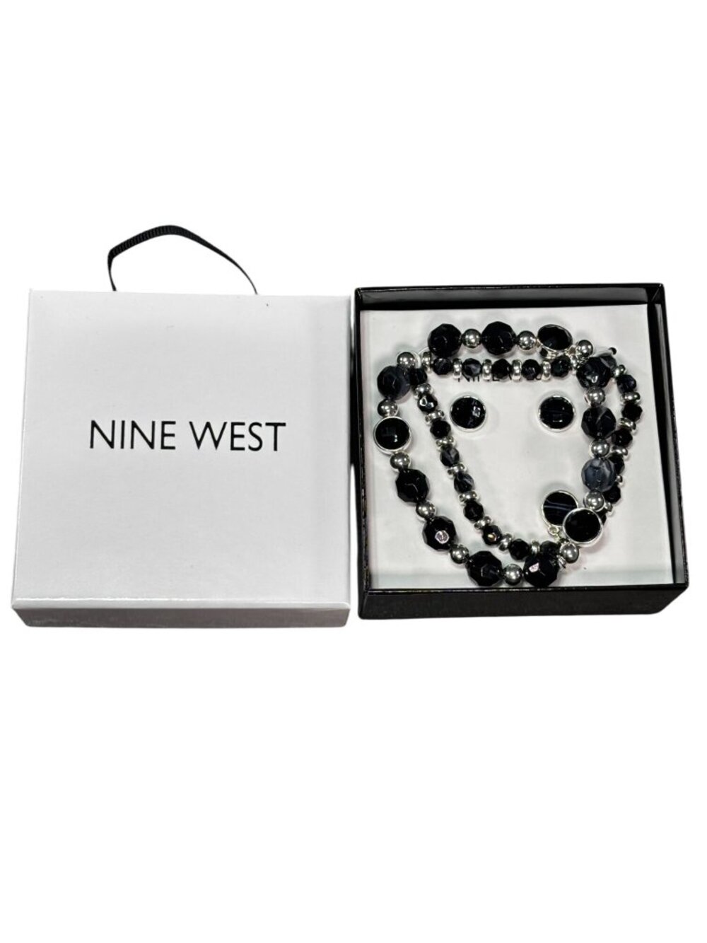 Nine West Black & Silver Beaded Necklace & Earrings Set In Gift Box